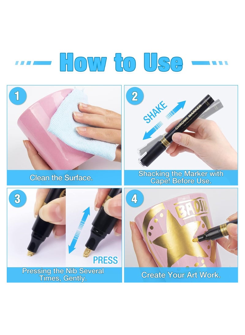 Zikra Mirror Chrome Marker, 6Pcs Liquid Gold Paint Pens for Art, Waterproof Reflective Gloss Metallic Markers for Repairing, Model Painting, Marking or DIY Art Projects, Permanent Mirror Chrome Marker Pens - Image 3