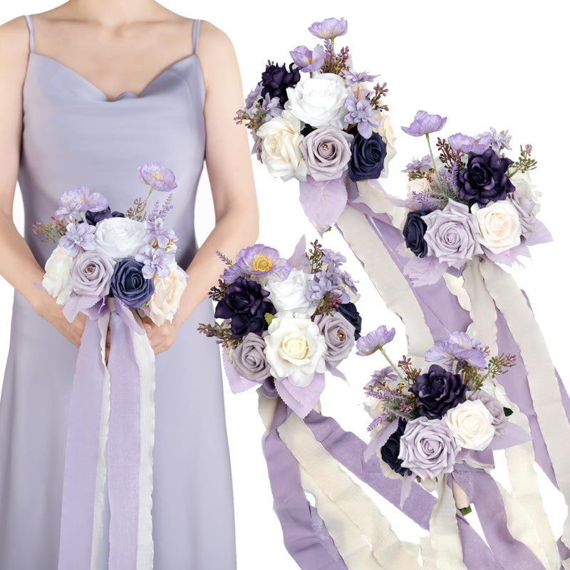 BENCENTRE 7 Inch Purple Bridesmaid Bouquet for Wedding  Set of 4  lilac wedding bouquet Small Wedding Bouquet for Marriage Proposal Party and Vintage Wedding Ceremony Anniversary Artificial Flowers - Image 1