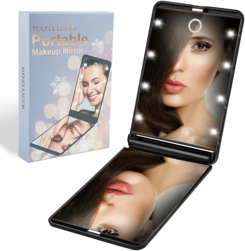 Victoper Rantizon Portable Makeup Mirror Dimmable 8 LEDs Lighted Mirror 1X 2X Magnification Cosmetic Illuminated Handbag Mirror Foldable Double Facettes Pocket Mirror Compact Mirror