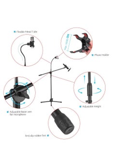 Mike Music Metal Microphone Floor Stand Tripod Adjustable Height with Boom Arm 1 Mic Holders & 1 Smartphone Holder for Studio Outdoor Cellphone Live Streamin  - Image 5