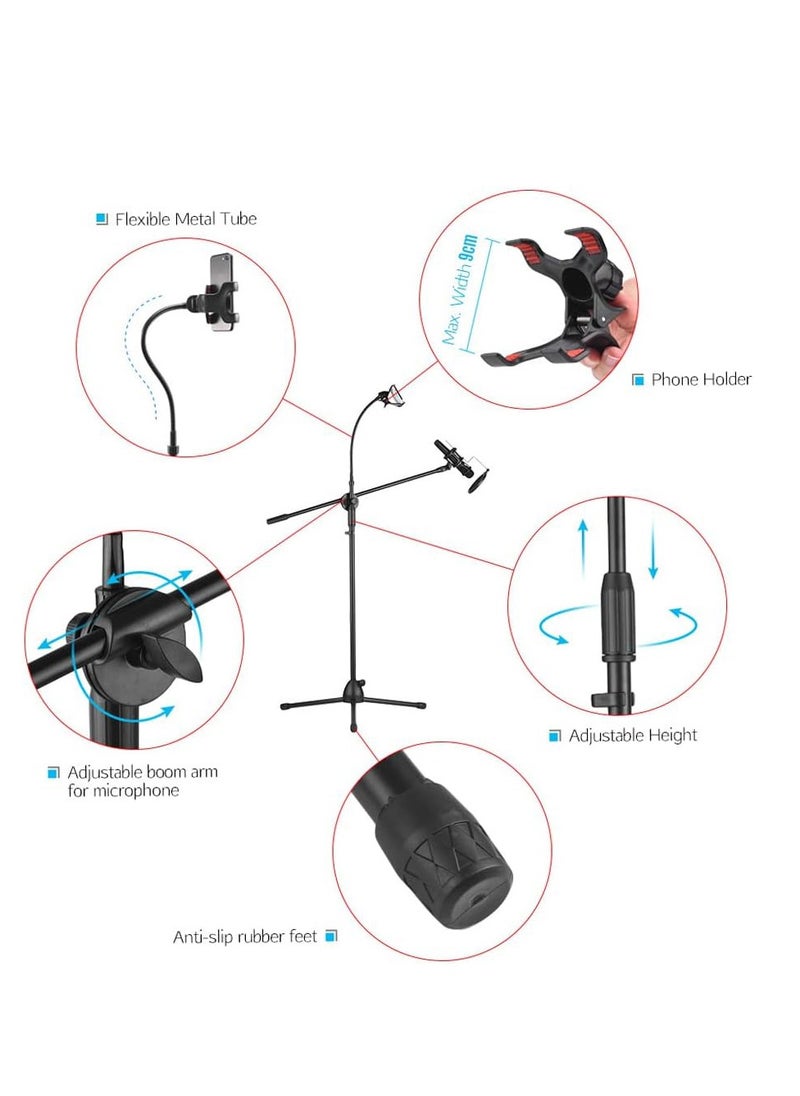 Mike Music Metal Microphone Floor Stand Tripod Adjustable Height with Boom Arm 1 Mic Holders & 1 Smartphone Holder for Studio Outdoor Cellphone Live Streamin  - Image 5