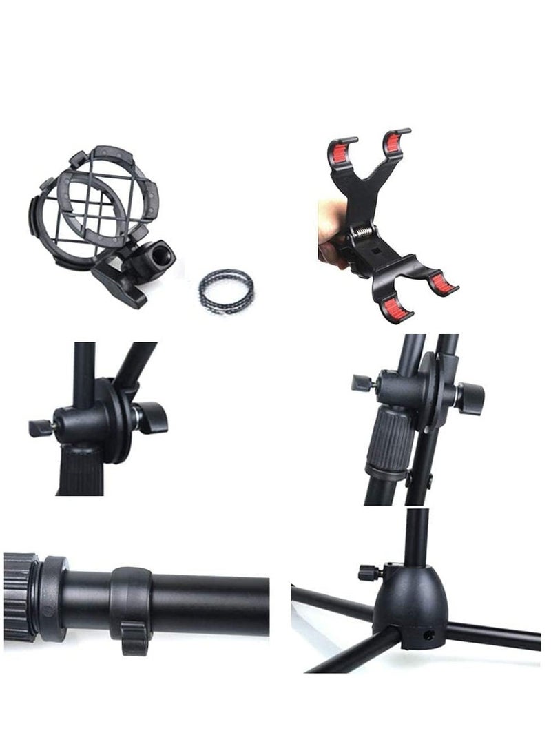 Mike Music Metal Microphone Floor Stand Tripod Adjustable Height with Boom Arm 1 Mic Holders & 1 Smartphone Holder for Studio Outdoor Cellphone Live Streamin  - Image 4