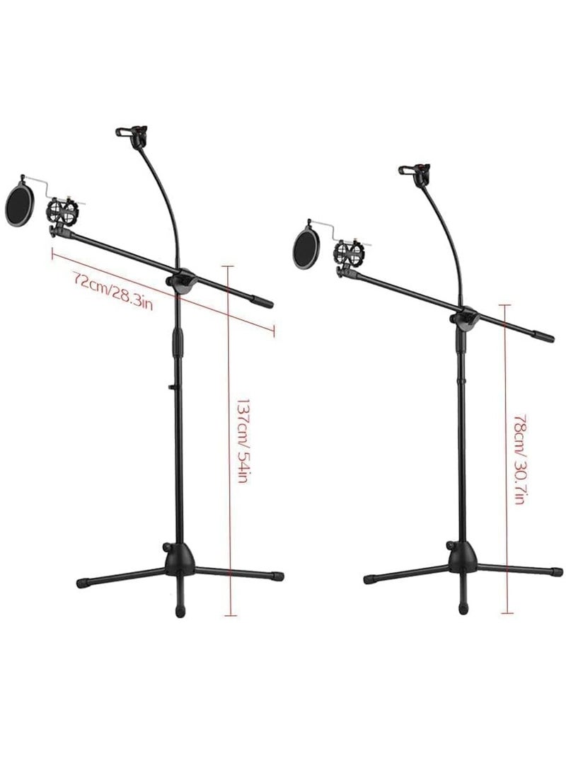 Mike Music Metal Microphone Floor Stand Tripod Adjustable Height with Boom Arm 1 Mic Holders & 1 Smartphone Holder for Studio Outdoor Cellphone Live Streamin  - Image 2