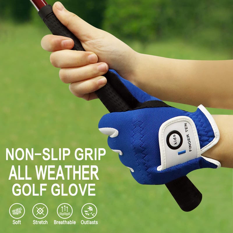 FINGER TEN Golf Gloves Junior Kids Youth Toddler Boys Girls Left Hand Right Hand Dura Feel White Blue Red Yellow Golf Glove Extra Value 2 Pack Age 4-11 Years Old (Large(Age 7-8) Blue, Worn on Left Hand) - Image 4