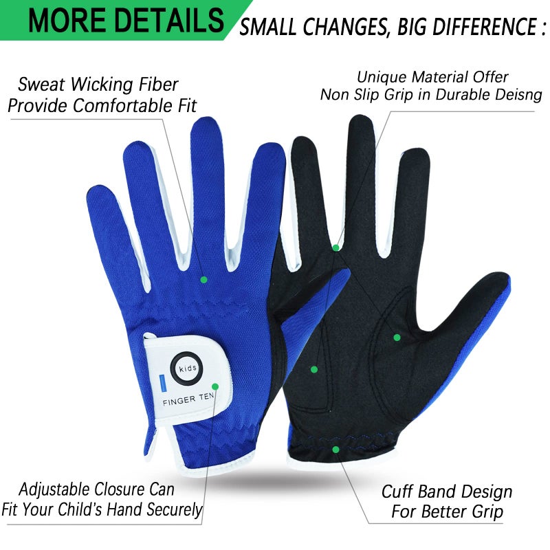 FINGER TEN Golf Gloves Junior Kids Youth Toddler Boys Girls Left Hand Right Hand Dura Feel White Blue Red Yellow Golf Glove Extra Value 2 Pack Age 4-11 Years Old (Large(Age 7-8) Blue, Worn on Left Hand) - Image 2