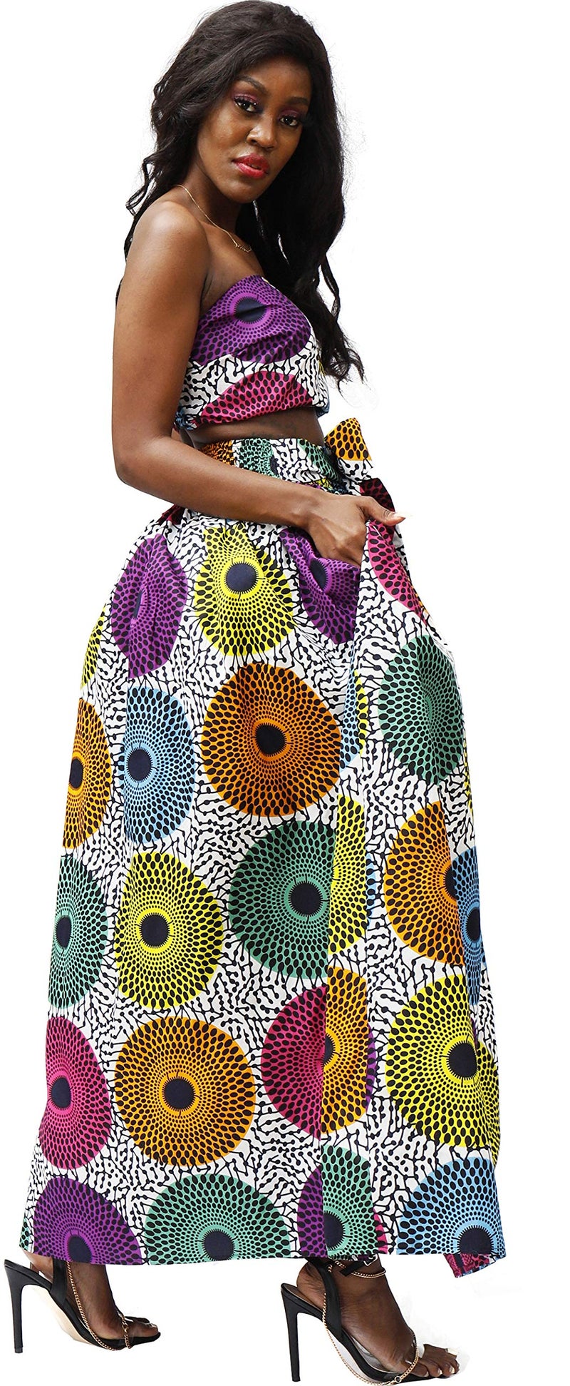 SHENBOLEN Women African Print Skirt Kente Traditional Wax Print Adjustable Strap Maxi Skirt (One Size, A) - Image 3