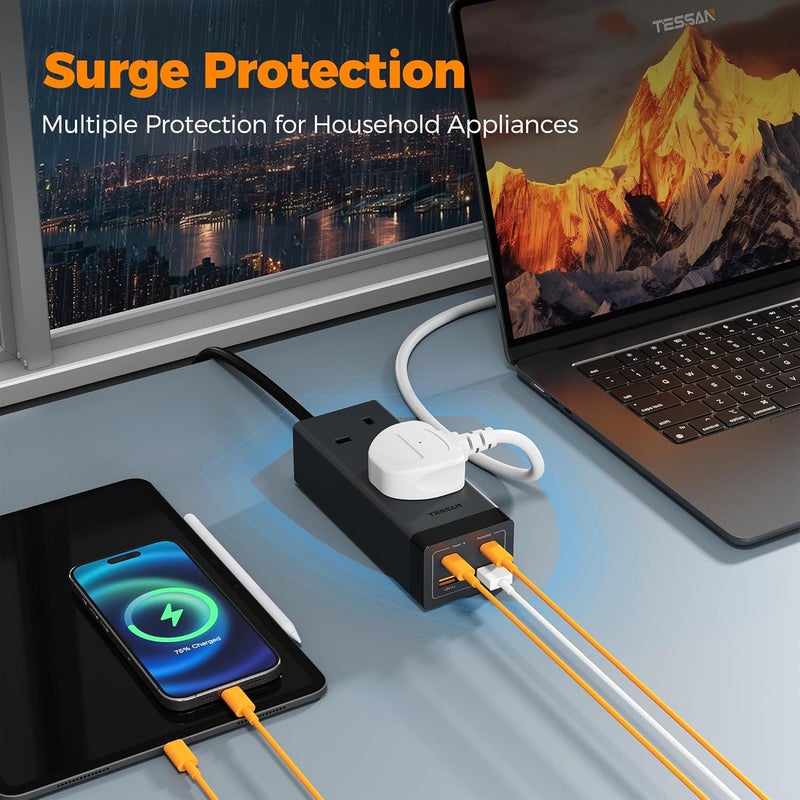 تيسان سلك تمديد مع 4 منافذ USB، شاحن سريع USB C بقدرة 30 واط مع مقبس تمديد ثنائي الاتجاه، شريط طاقة محمي من زيادة التيار بطول 2 متر، محول متعدد المقابس بقدرة 3250 واط للاستخدام المنزلي والمكتبي والمدرسي - Image 4