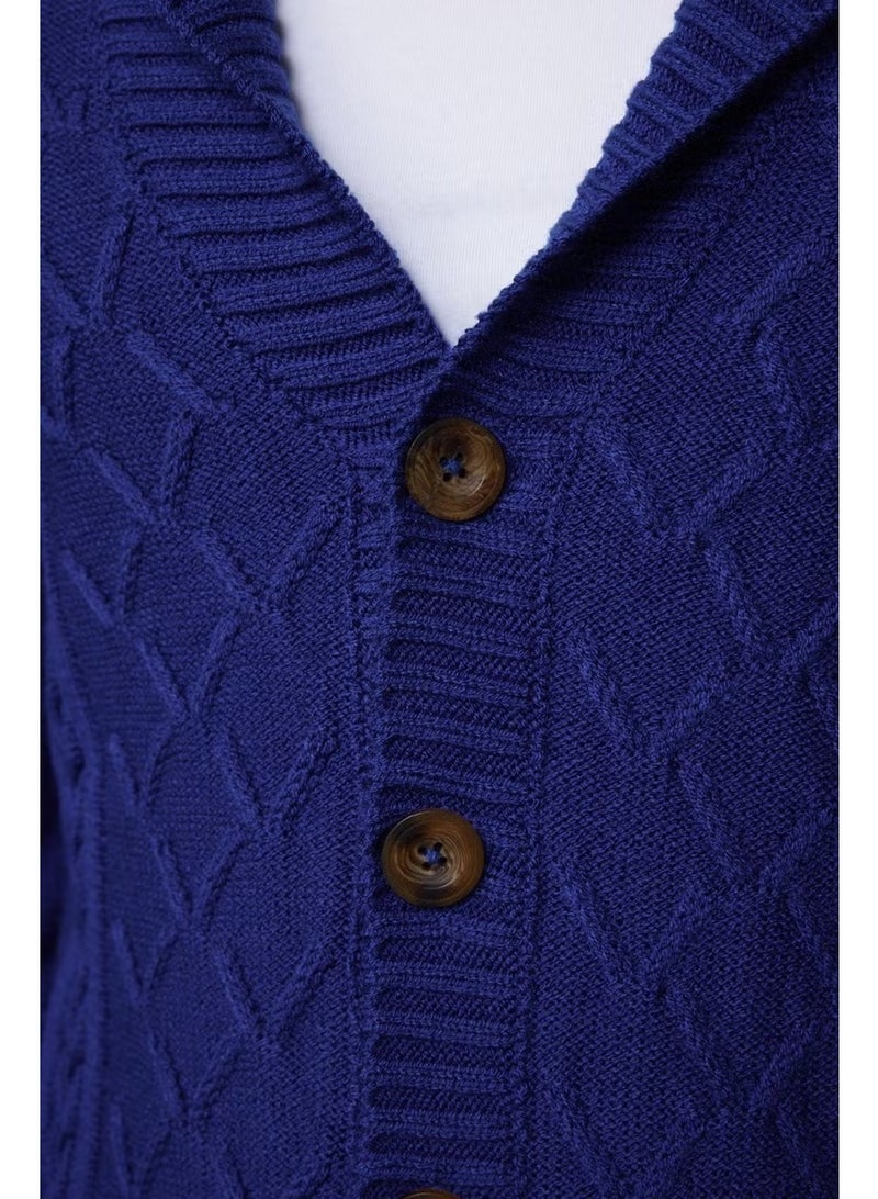 Tudors Slim Fit Slim Fit Patterned Soft Textured Buttoned Sax Blue Men's Cardigan - Image 4