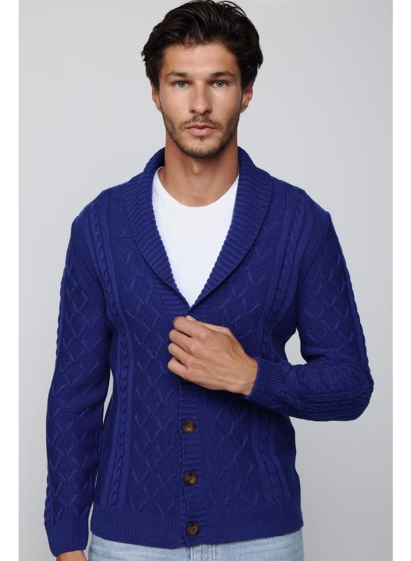 Tudors Slim Fit Slim Fit Patterned Soft Textured Buttoned Sax Blue Men's Cardigan - Image 1