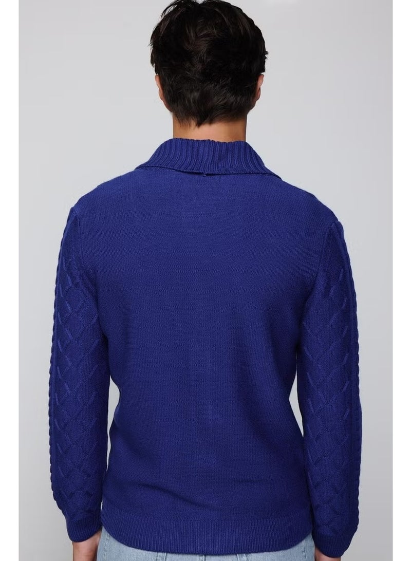 Tudors Slim Fit Slim Fit Patterned Soft Textured Buttoned Sax Blue Men's Cardigan - Image 5