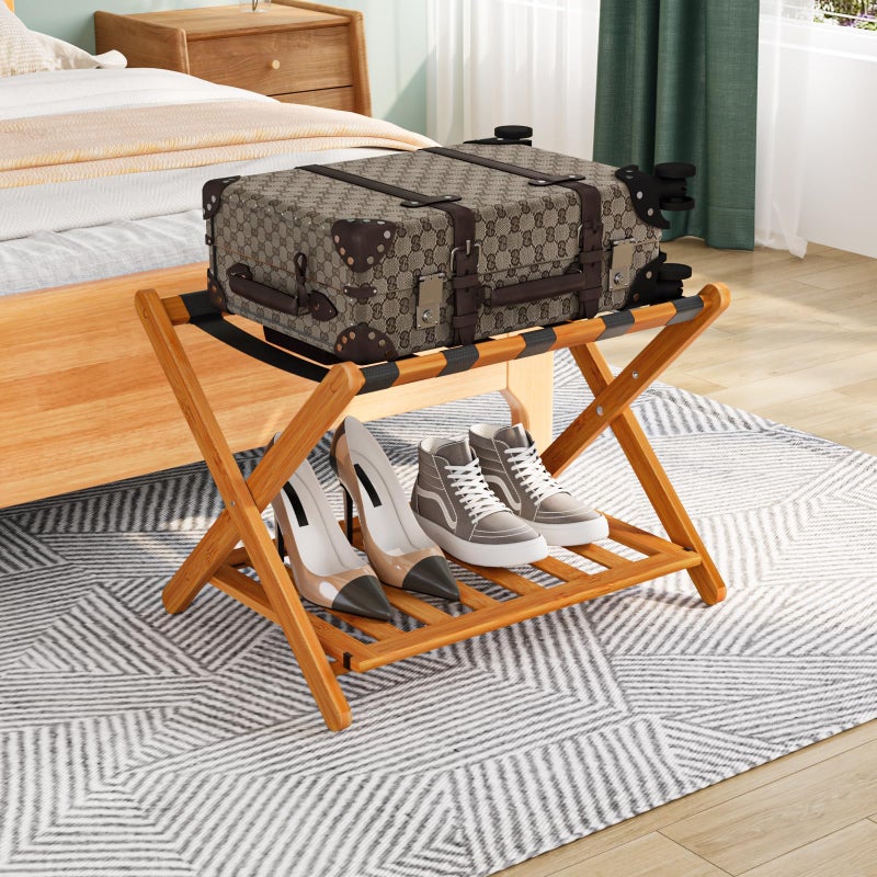 Smuxee Fully Assembled Honey Luggage Rack Upgraded Bamboo Foldable Suitcase Stand with 5 Nylon Straps Luggage Holder with Shelf for Guest Room Bedroom Hotel