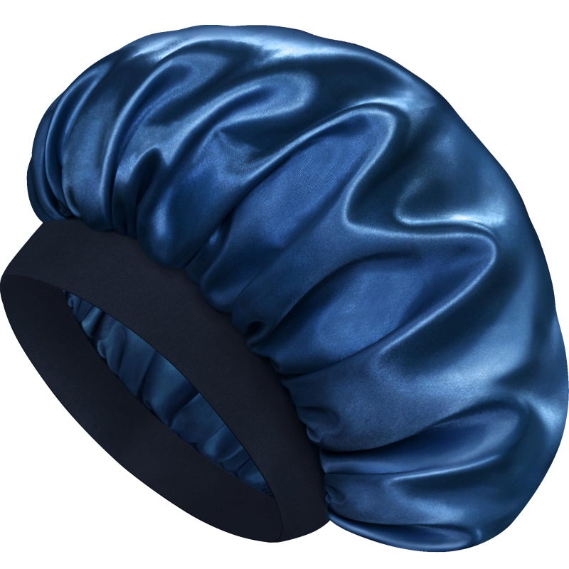 Doitory Satin Silk Bonnet for Sleeping, Double Layer Silk Sleep Cap for Men & Women, Soft Satin Lined Bonnet for Natural & Curly Hair(Navy Blue) - Image 1