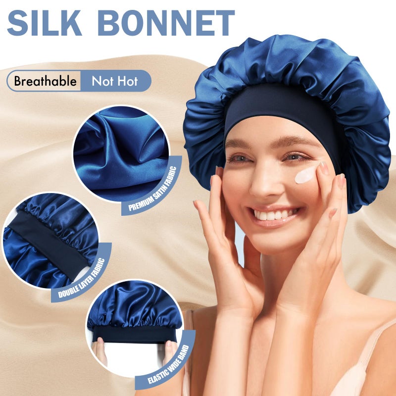 Doitory Satin Silk Bonnet for Sleeping, Double Layer Silk Sleep Cap for Men & Women, Soft Satin Lined Bonnet for Natural & Curly Hair(Navy Blue) - Image 3