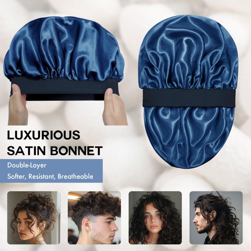 Doitory Satin Silk Bonnet for Sleeping, Double Layer Silk Sleep Cap for Men & Women, Soft Satin Lined Bonnet for Natural & Curly Hair(Navy Blue) - Image 2
