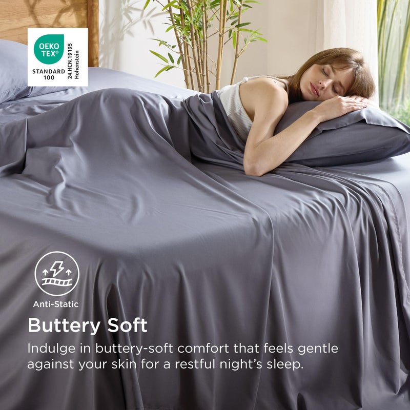 Bedsure Queen Sheet Set, Cooling Sheets for Queen Size Bed Set, Rayon Derived from Bamboo, Breathable & Soft, Deep Pocket Up to 16", Hotel Luxury Silky Bedding for Hot Sleepers, Dark Grey - Image 3