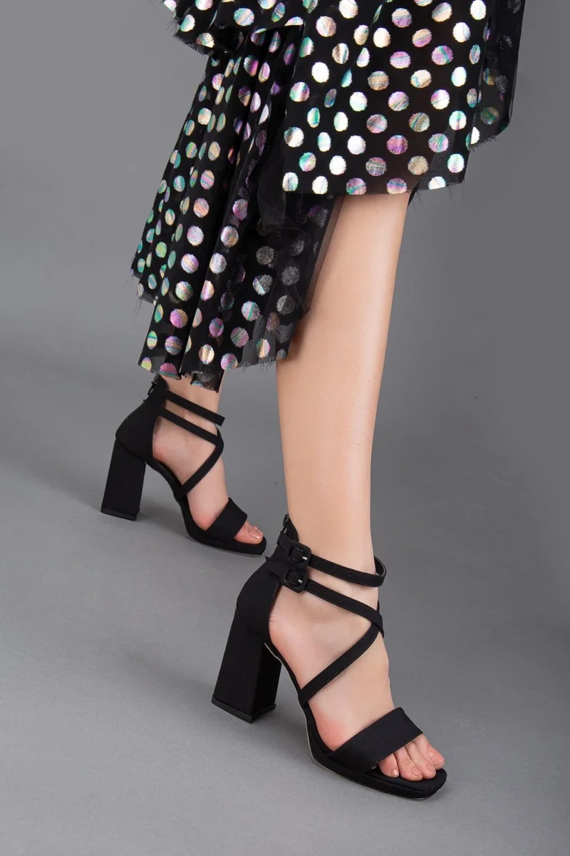 Dilimler Ayakkabı Satin Single and Cross Strap Black Women's Platform Heel Evening Dress Shoes