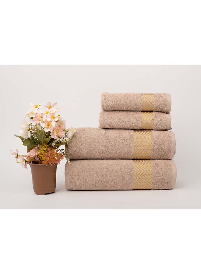 White Rose 4 Piece Bathroom Towel Set - ARROW JACQUARD - 500 GSM - 100% Cotton Terry - Jacquard Border- 2 Bath Towel 70X140 cm & 2 Hand Towel 50x90 cm- Luxury Touch - Extra Absorbent- Camle  - Image 1