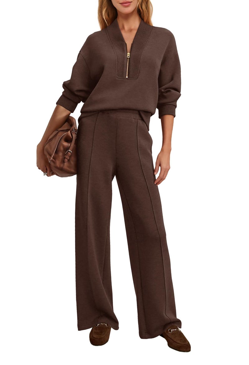 Yanekop Womens Sweatsuits 2 Piece Outfit Two Piece Lounge Set Matching Sweat Sets Half Zip Pullover and Wide Leg Pants(Chocolate Brown,L) - Image 2