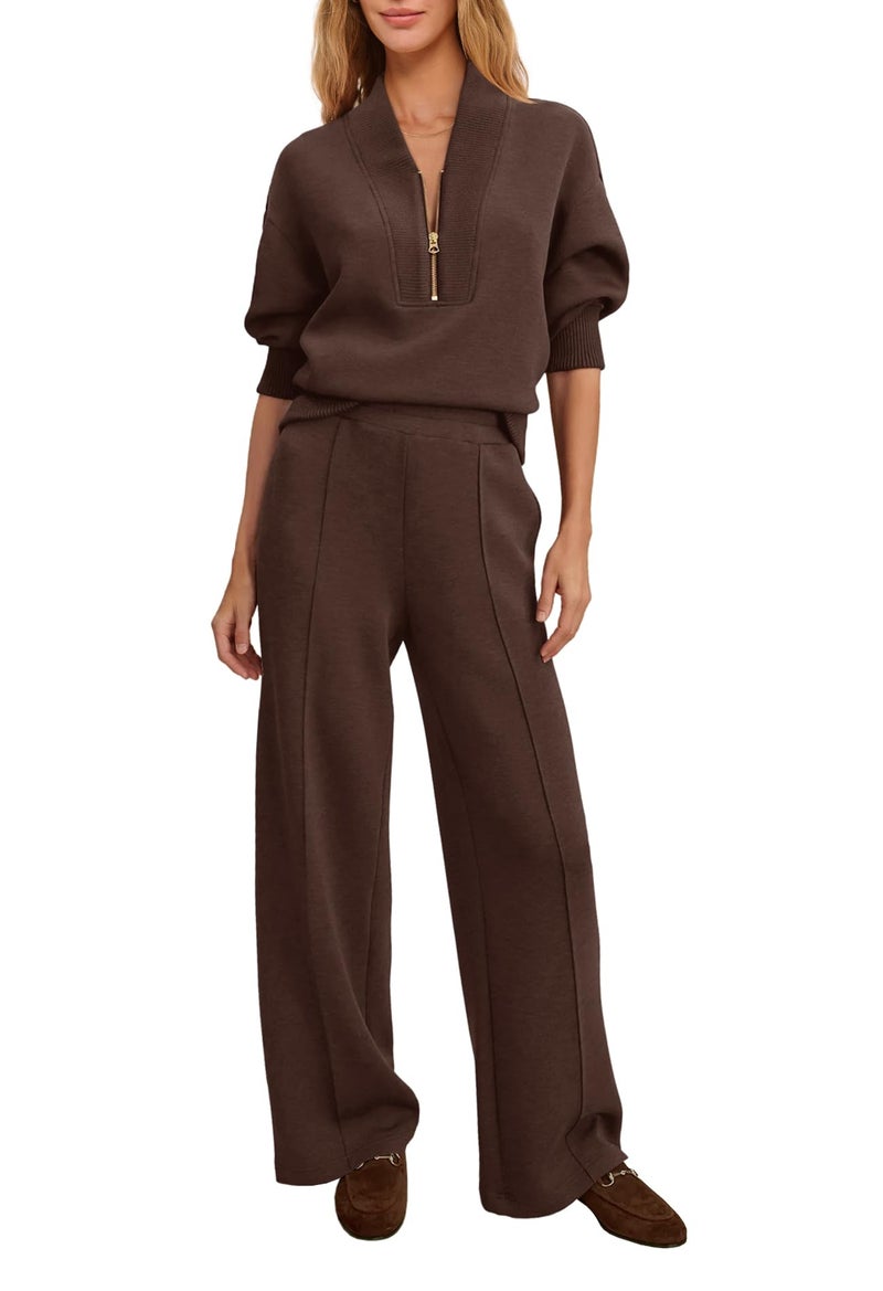 Yanekop Womens Sweatsuits 2 Piece Outfit Two Piece Lounge Set Matching Sweat Sets Half Zip Pullover and Wide Leg Pants(Chocolate Brown,L) - Image 1