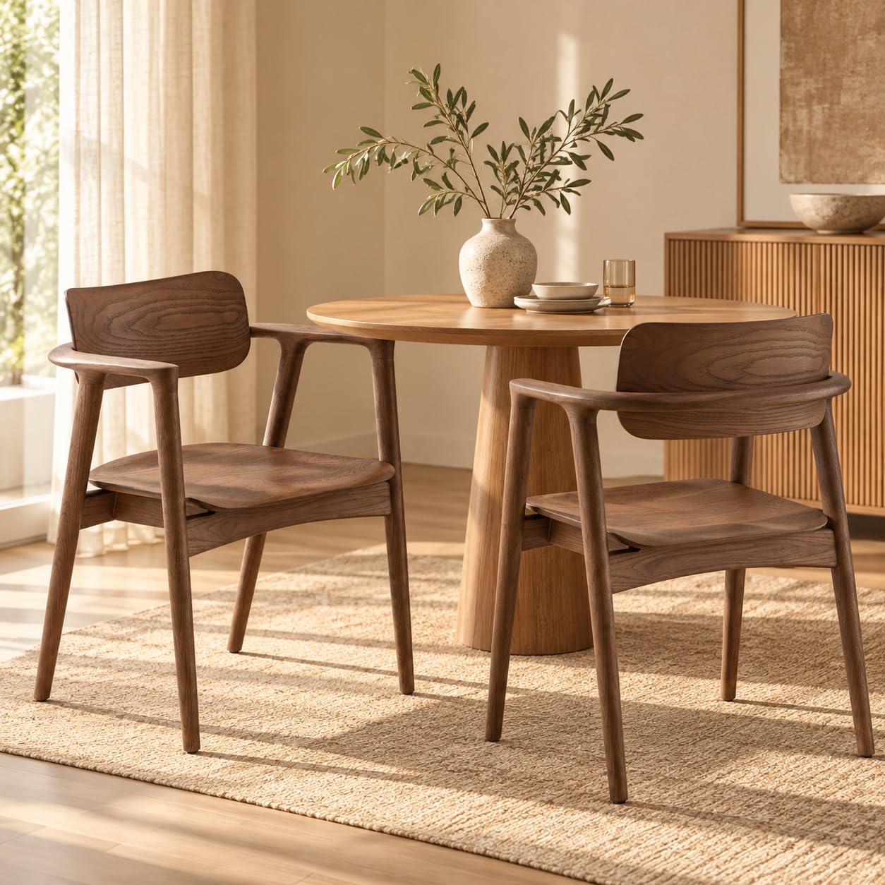 Nordica Armchair, Solid Ash Wood Dining Chair with Arms, Walnut Brown Finish, Curved Backrest, Scandinavian Mid-Century Chair for Dining Room, Café & Office (Set of 2)