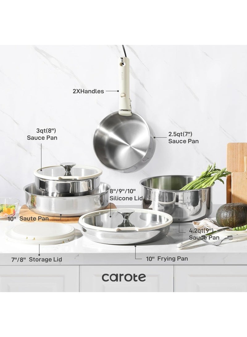 10 Piece Detachable Stainless Steel Tri-ply Bottom Cookware Set, 1X18 Cm Saucepan, 1X20Cm Saucepan with silicone lid, 1X22Cm Saucepan with Silicon Lid, 1X26Cm Frying Pan, 1X26Cm Deep Frying Pan with silicone lid, 2 handles, White
