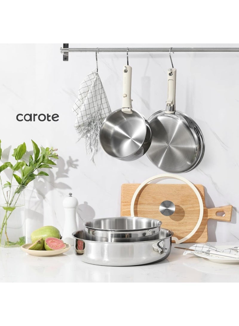 10 Piece Detachable Stainless Steel Tri-ply Bottom Cookware Set, 1X18 Cm Saucepan, 1X20Cm Saucepan with silicone lid, 1X22Cm Saucepan with Silicon Lid, 1X26Cm Frying Pan, 1X26Cm Deep Frying Pan with silicone lid, 2 handles, White