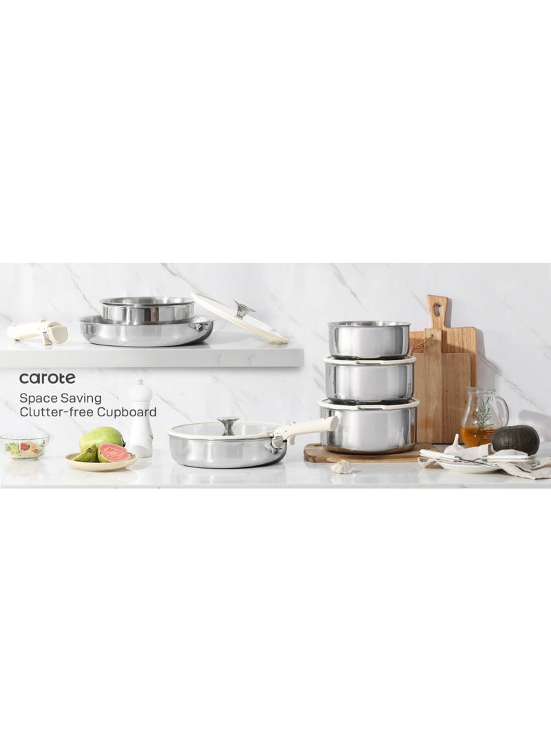 10 Piece Detachable Stainless Steel Tri-ply Bottom Cookware Set, 1X18 Cm Saucepan, 1X20Cm Saucepan with silicone lid, 1X22Cm Saucepan with Silicon Lid, 1X26Cm Frying Pan, 1X26Cm Deep Frying Pan with silicone lid, 2 handles, White