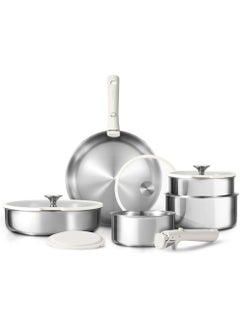 10 Piece Detachable Stainless Steel Cookware Set Pots and Pans, 1X18 Cm Saucepan, 1X20Cm Saucepan with silicone lid, 1X22Cm Saucepan with Silicon Lid, 1X26Cm Frying Pan, 1X26Cm Deep Frying Pan with silicone lid, 2 handles, White - pzsku/Z02BA1E47968A94EE18E0Z/45/_/1733917671/92149af1-9c70-4909-a1f5-c3f9fc4a847b