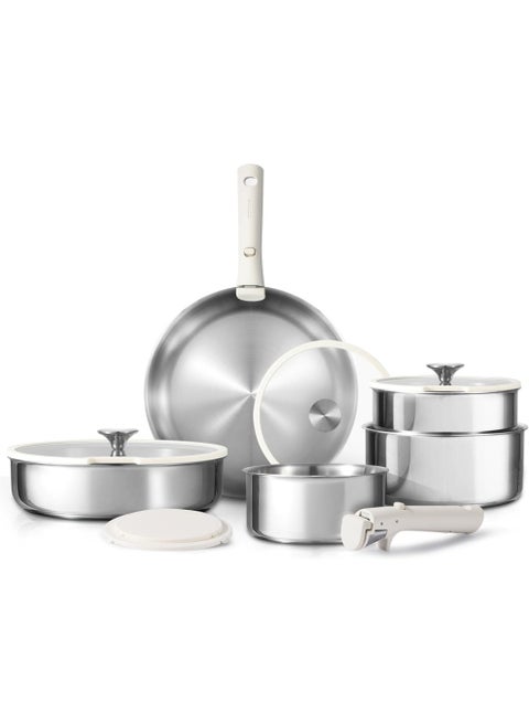 10 Piece Detachable Stainless Steel Tri-ply Bottom Cookware Set, 1X18 Cm Saucepan, 1X20Cm Saucepan with silicone lid, 1X22Cm Saucepan with Silicon Lid, 1X26Cm Frying Pan, 1X26Cm Deep Frying Pan with silicone lid, 2 handles, White