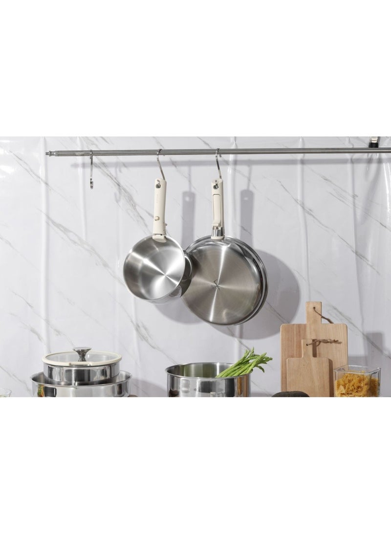 10 Piece Detachable Stainless Steel Tri-ply Bottom Cookware Set, 1X18 Cm Saucepan, 1X20Cm Saucepan with silicone lid, 1X22Cm Saucepan with Silicon Lid, 1X26Cm Frying Pan, 1X26Cm Deep Frying Pan with silicone lid, 2 handles, White