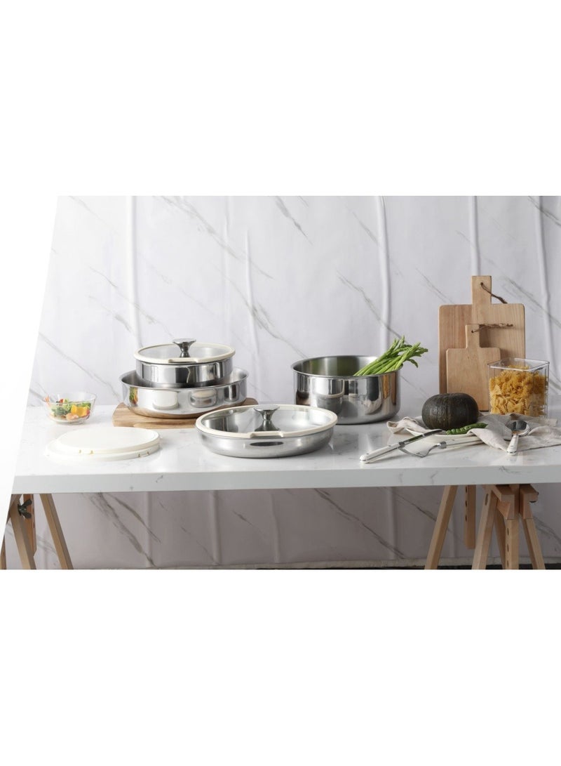 10 Piece Detachable Stainless Steel Tri-ply Bottom Cookware Set, 1X18 Cm Saucepan, 1X20Cm Saucepan with silicone lid, 1X22Cm Saucepan with Silicon Lid, 1X26Cm Frying Pan, 1X26Cm Deep Frying Pan with silicone lid, 2 handles, White