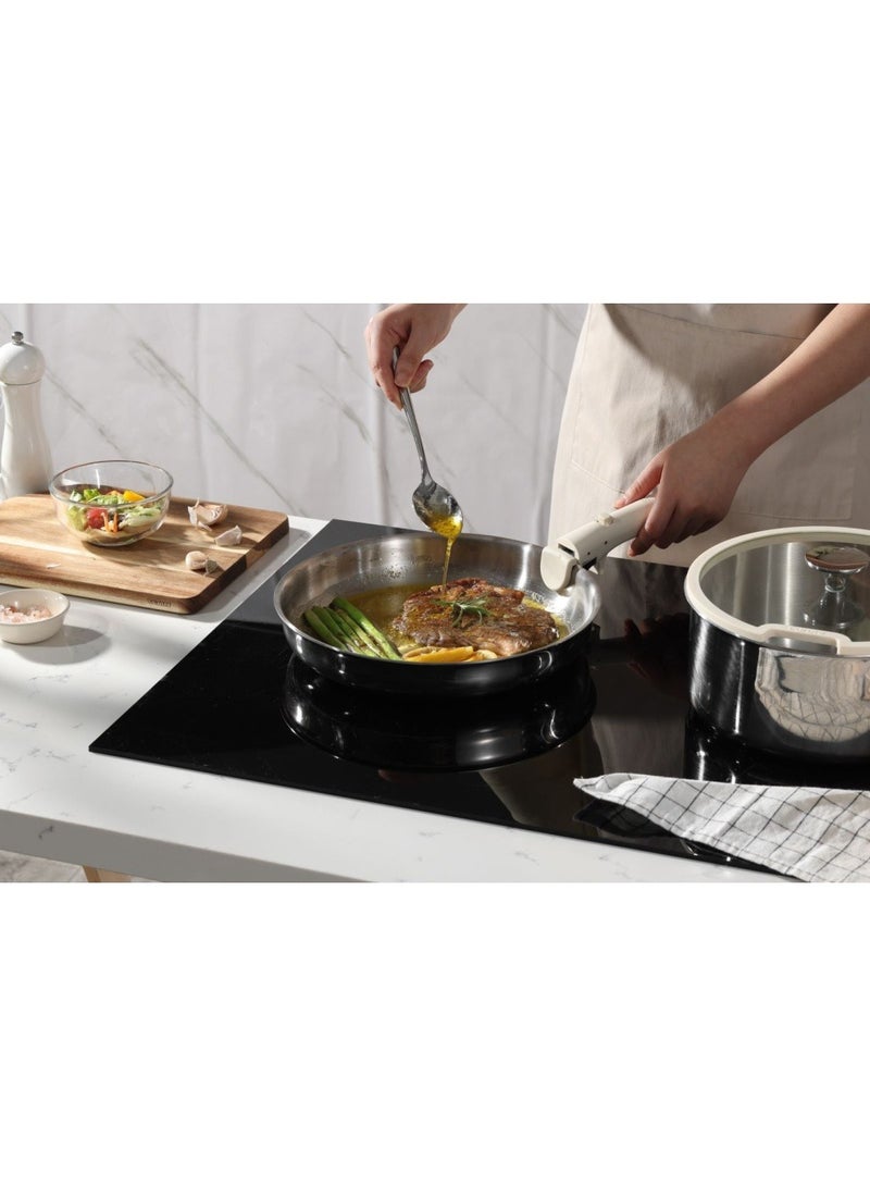 10 Piece Detachable Stainless Steel Tri-ply Bottom Cookware Set, 1X18 Cm Saucepan, 1X20Cm Saucepan with silicone lid, 1X22Cm Saucepan with Silicon Lid, 1X26Cm Frying Pan, 1X26Cm Deep Frying Pan with silicone lid, 2 handles, White