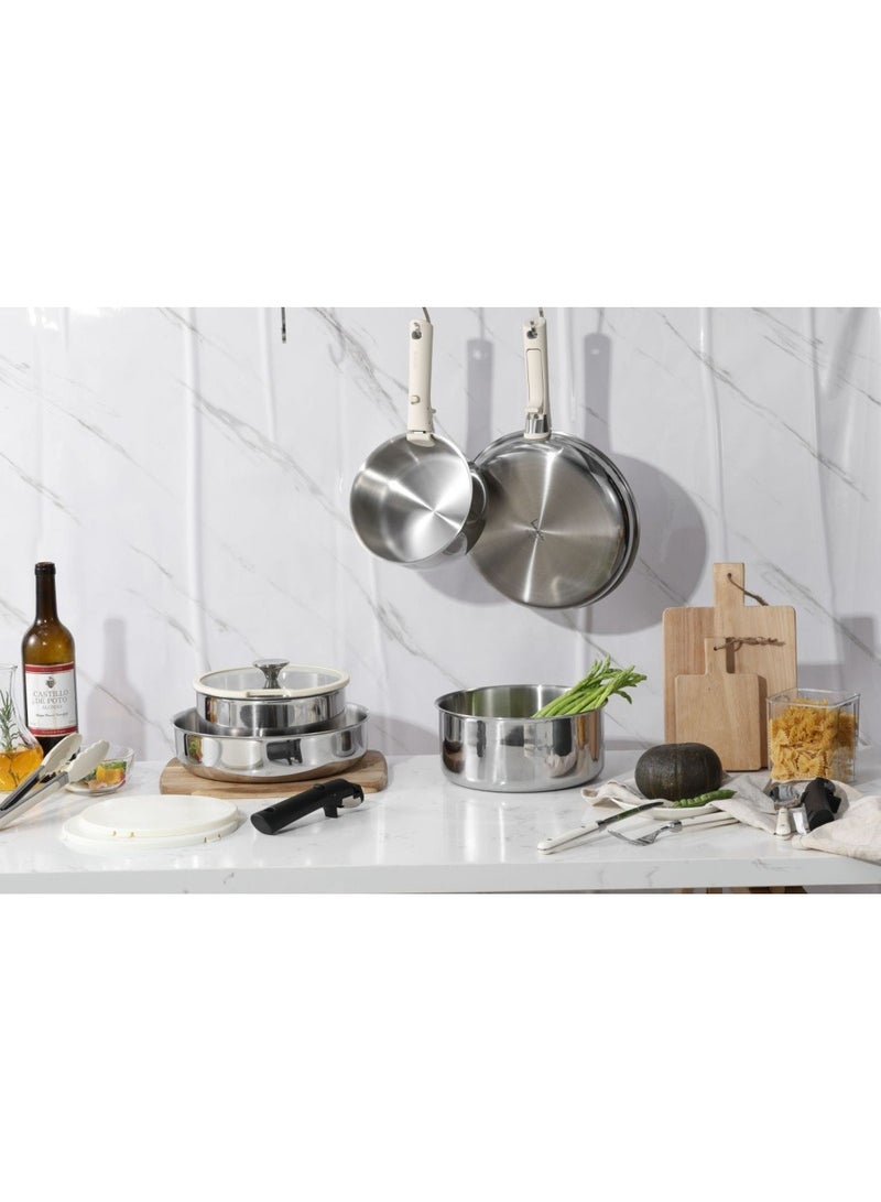 10 Piece Detachable Stainless Steel Tri-ply Bottom Cookware Set, 1X18 Cm Saucepan, 1X20Cm Saucepan with silicone lid, 1X22Cm Saucepan with Silicon Lid, 1X26Cm Frying Pan, 1X26Cm Deep Frying Pan with silicone lid, 2 handles, White