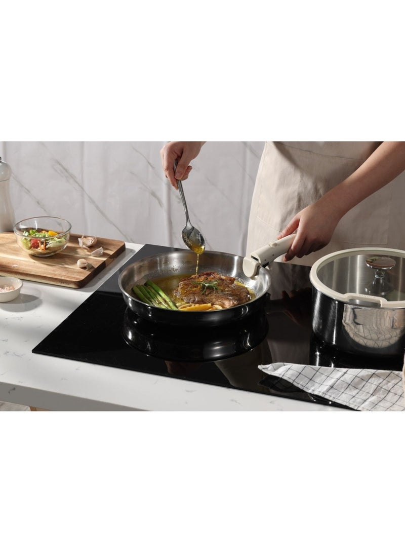 10 Piece Detachable Stainless Steel Tri-ply Bottom Cookware Set, 1X18 Cm Saucepan, 1X20Cm Saucepan with silicone lid, 1X22Cm Saucepan with Silicon Lid, 1X26Cm Frying Pan, 1X26Cm Deep Frying Pan with silicone lid, 2 handles, White