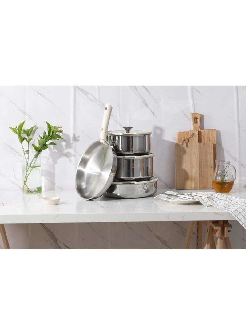 10 Piece Detachable Stainless Steel Tri-ply Bottom Cookware Set, 1X18 Cm Saucepan, 1X20Cm Saucepan with silicone lid, 1X22Cm Saucepan with Silicon Lid, 1X26Cm Frying Pan, 1X26Cm Deep Frying Pan with silicone lid, 2 handles, White