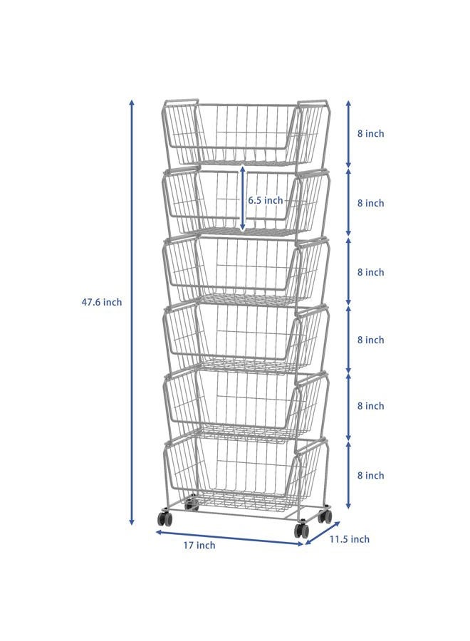 Pusdon Stackable Metal Storage Carts, Dual Use Shelf for Kitchen Fruit Vegetable Baskets with Wheels, Storage Rack for Living Room, Home & Office, Standard Silver Grey 6 Tiers - Image 3