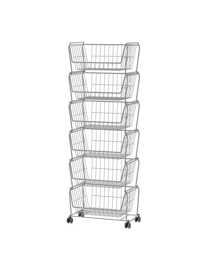 Pusdon Stackable Metal Storage Carts, Dual Use Shelf for Kitchen Fruit Vegetable Baskets with Wheels, Storage Rack for Living Room, Home & Office, Standard Silver Grey 6 Tiers - Image 1