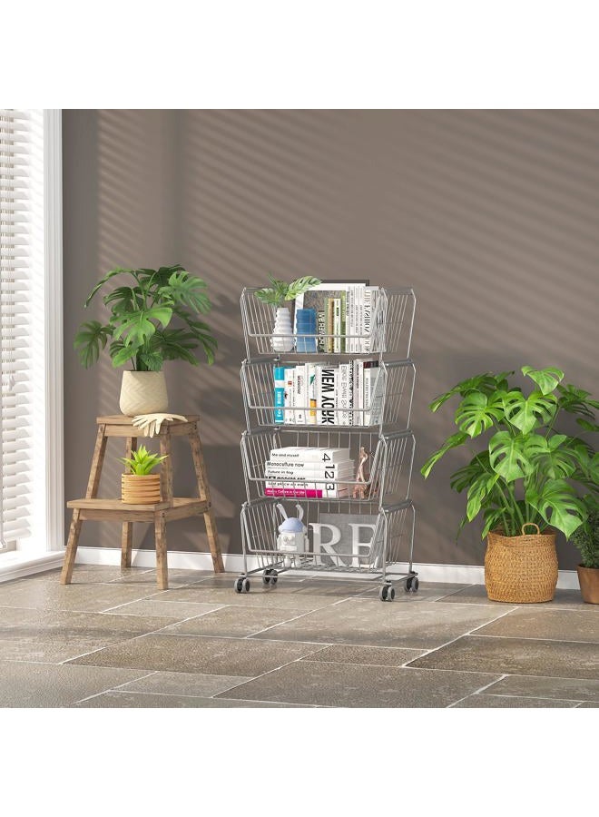 Pusdon Stackable Metal Storage Carts, Dual Use Shelf for Kitchen Fruit Vegetable Baskets with Wheels, Storage Rack for Living Room, Home & Office, Standard Silver Grey 6 Tiers - Image 5