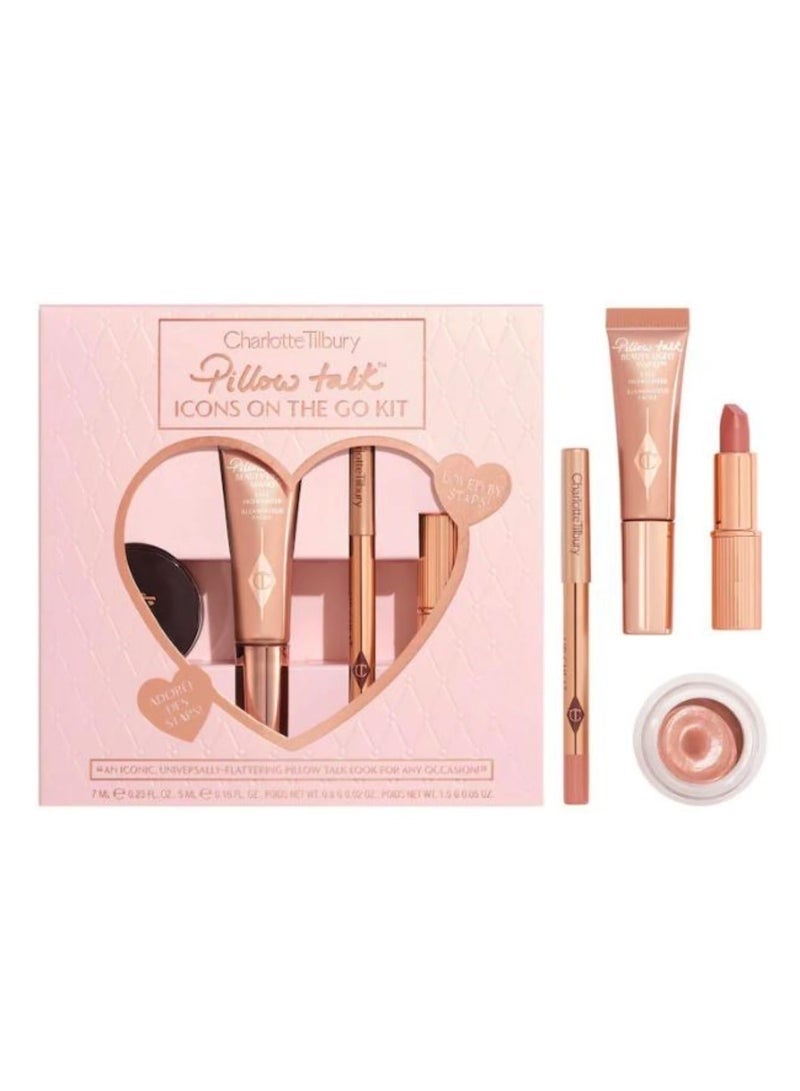 Charlotte Tilbury Pillow Talk Icons On The Go Makeup Kit – 4 Piece Set (Mini Highlighter, Mini Lip Liner, Mini Lipstick & Full-Size Eyeshadow) - Image 1