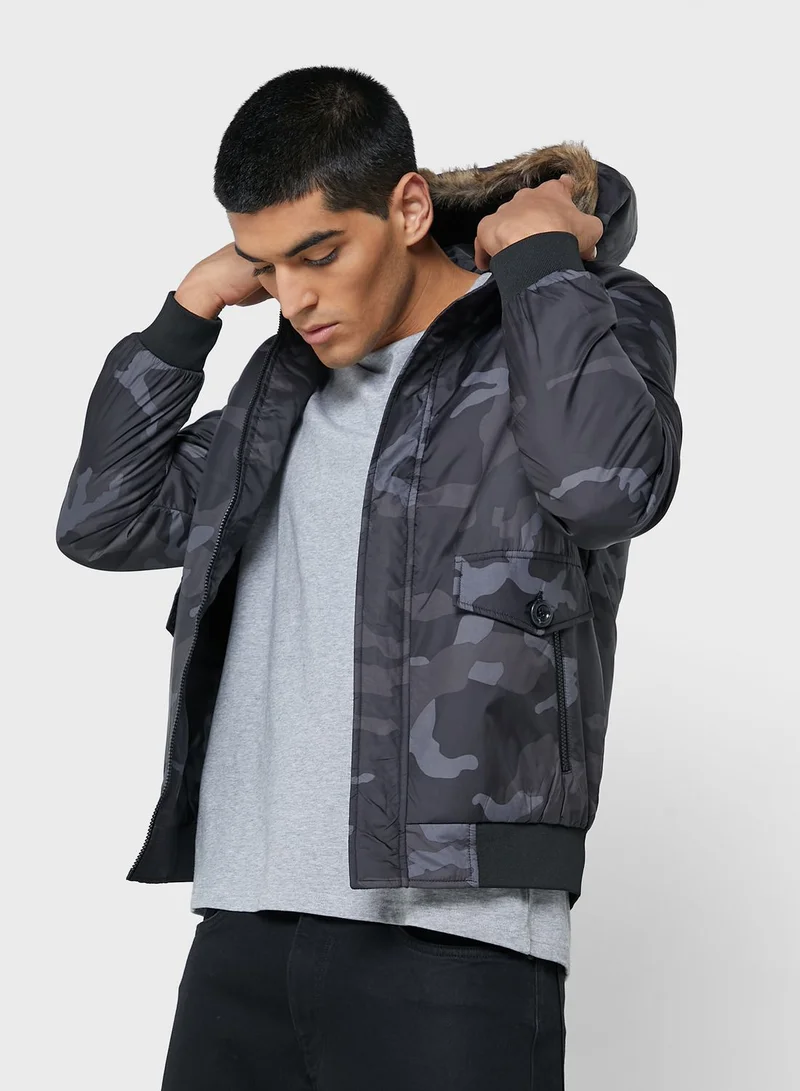 Seventy Five Camo Faux Fur Collar Jacket