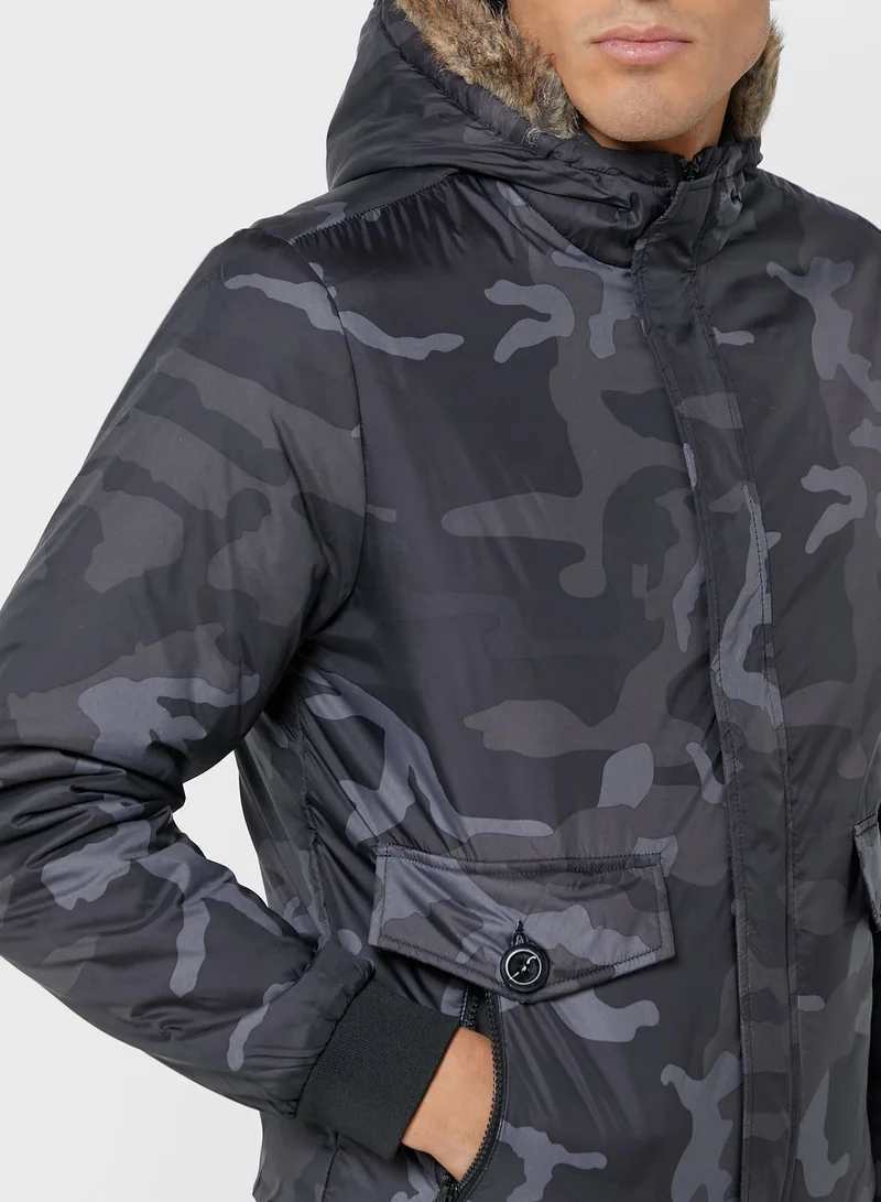 Seventy Five Camo Faux Fur Collar Jacket