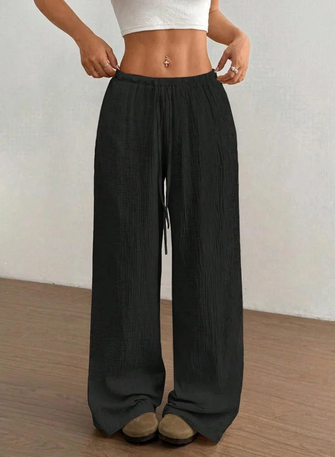 Textured Elastic Drawstring Waist Wide Leg Pants