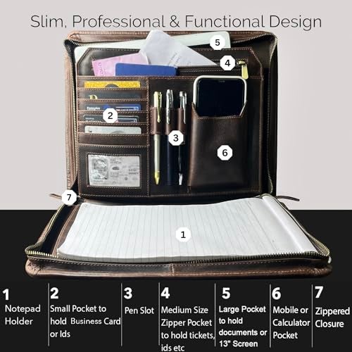 Rustic Town Supreme Business Portfolio by Rustic Town | Professional Organizer for Men & Women | Durable Leather Padfolio | Easy to Carry with A Zippered Closure | Many Slots, Compartments & Holders - Image 4