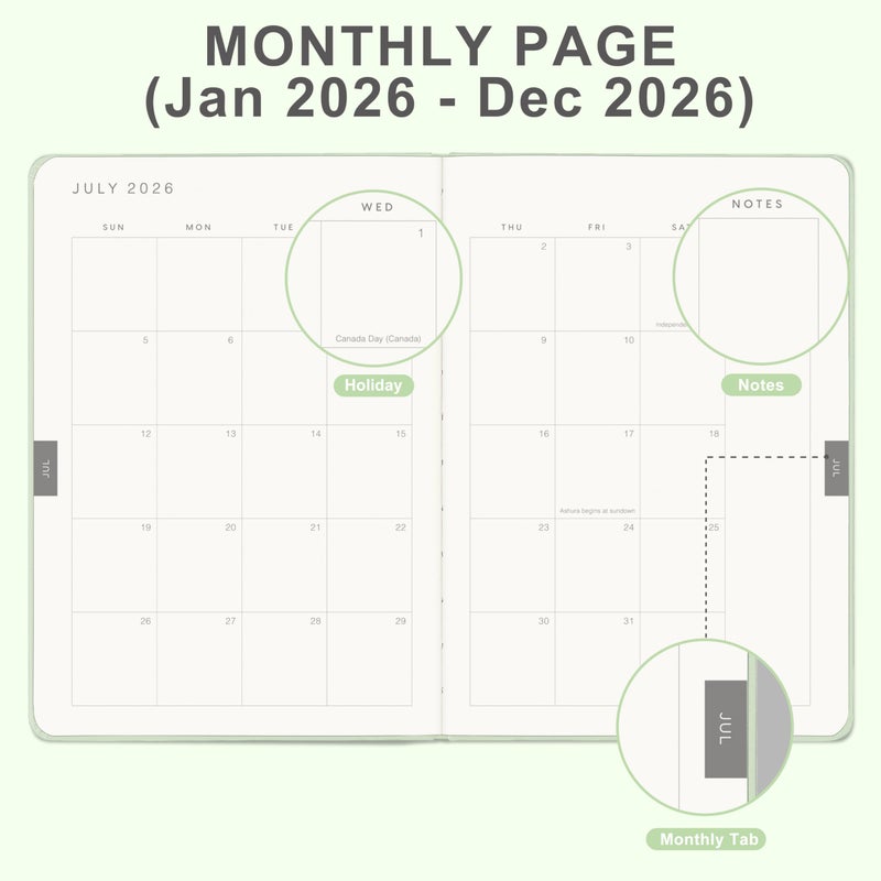 &And Per Se And Per Se 2026 Planner-Daily, Weekly & Monthly Leather Hardcover Planner, 5.7" x 8", Daily Schedule, 100 GSM Thick Paper, Back Pocket(Mint) - Image 3