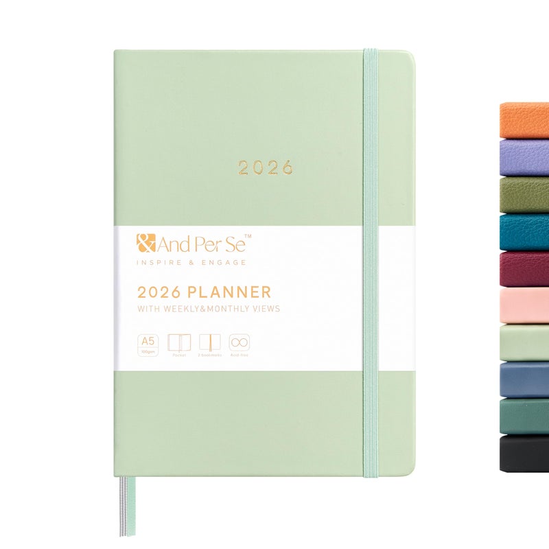 &And Per Se And Per Se 2026 Planner-Daily, Weekly & Monthly Leather Hardcover Planner, 5.7" x 8", Daily Schedule, 100 GSM Thick Paper, Back Pocket(Mint) - Image 1