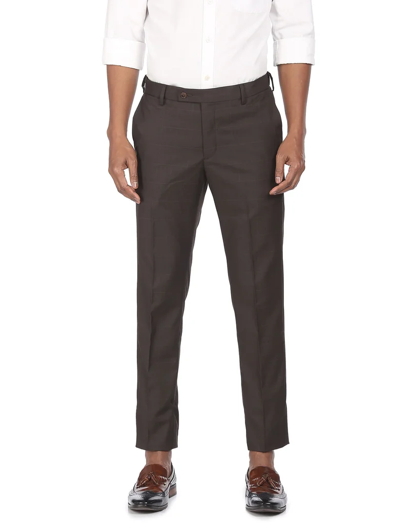 Arrow Brown Mid Rise Check Formal Trousers for Men | Best Price UAE