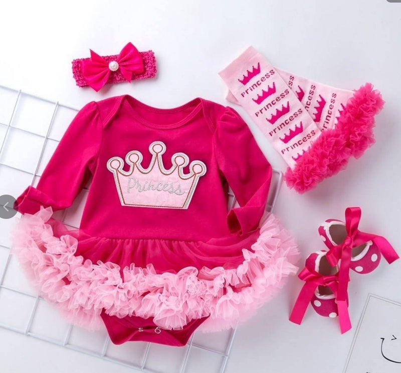 Cross-border foreign trade baby long-sleeved one-piece dress baby pink yarn dress socks suit girls holiday childrens dress 4-piece set Birthday crown 