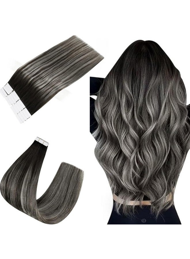 Easyouth Hair Extensions Tape In Real Hair Black To Silver Balayage Tape In Hair Extensions 14 Inch 40G 20Pcs Ombre Tape In Human Hair Extensions Remy - Image 1
