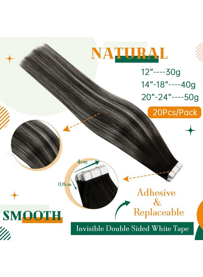 Easyouth Hair Extensions Tape In Real Hair Black To Silver Balayage Tape In Hair Extensions 14 Inch 40G 20Pcs Ombre Tape In Human Hair Extensions Remy - Image 3