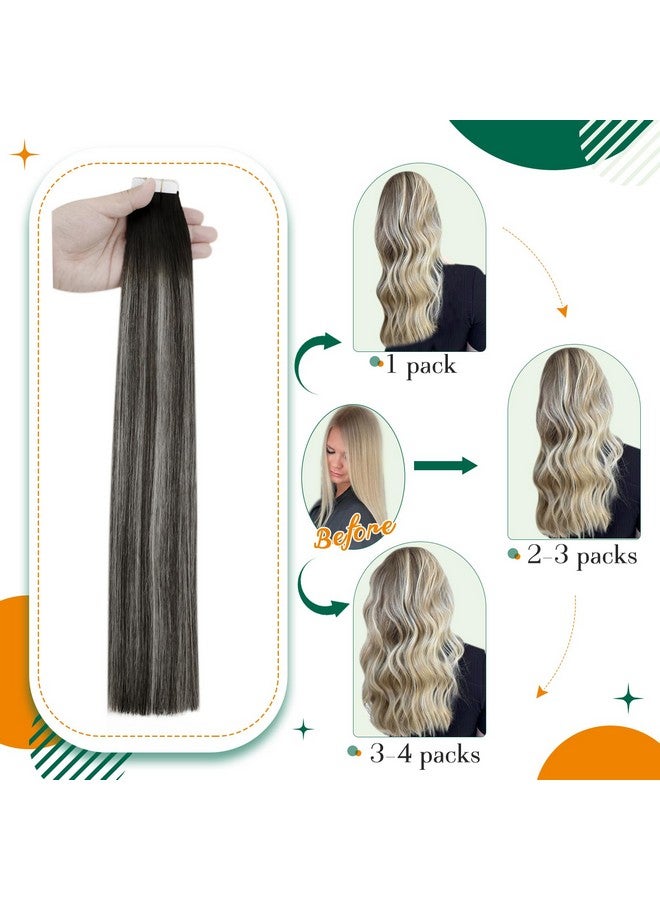 Easyouth Hair Extensions Tape In Real Hair Black To Silver Balayage Tape In Hair Extensions 14 Inch 40G 20Pcs Ombre Tape In Human Hair Extensions Remy - Image 4